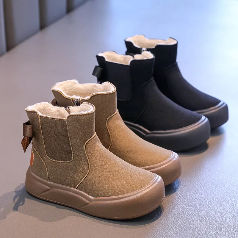 Botines de plataforma para niños, botas de nieve versátiles con lazo para invierno, botas térmicas informales de felpa cálidas para niñas y exteriores con cremallera lateral