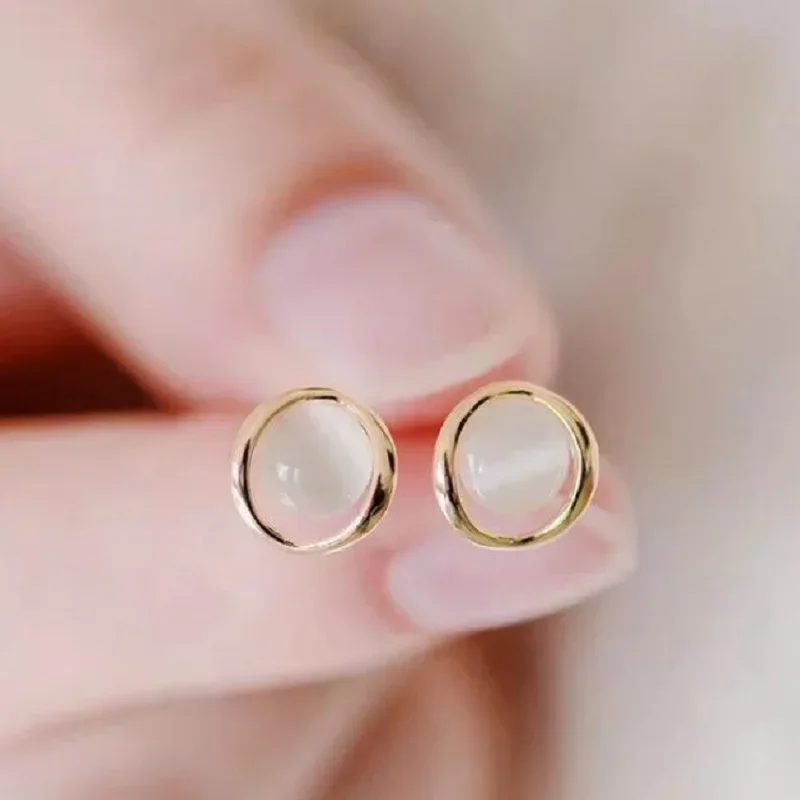 Simple Stud Earrings For Women Elegant Golden Stainless Steel Hoop with Small Round Opal Piercing Needle Fashion Party Jewellery