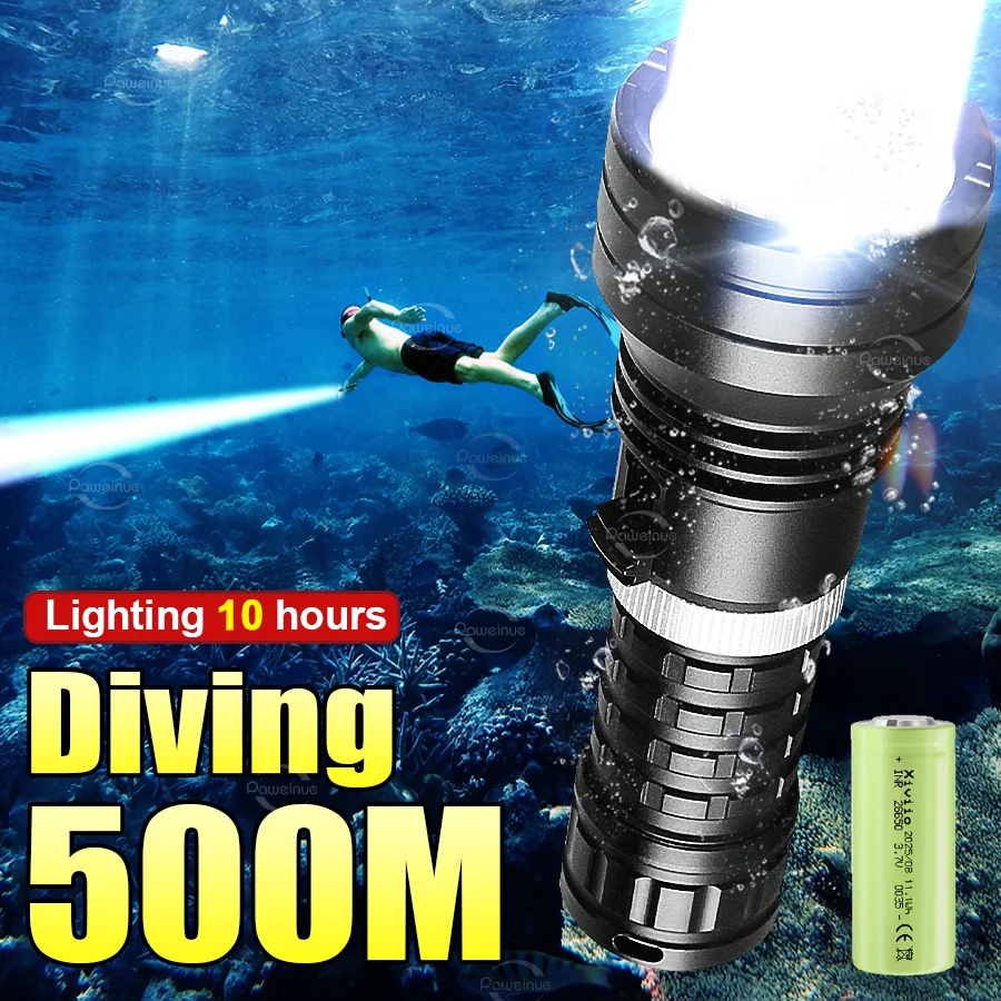 

Мощный светодиодный фонарь для дайвинга Super 1000000LM, профессиональный подводный фонарь для погружений на 500 м, водонепроницаемый (IP8) с ремешком на руку