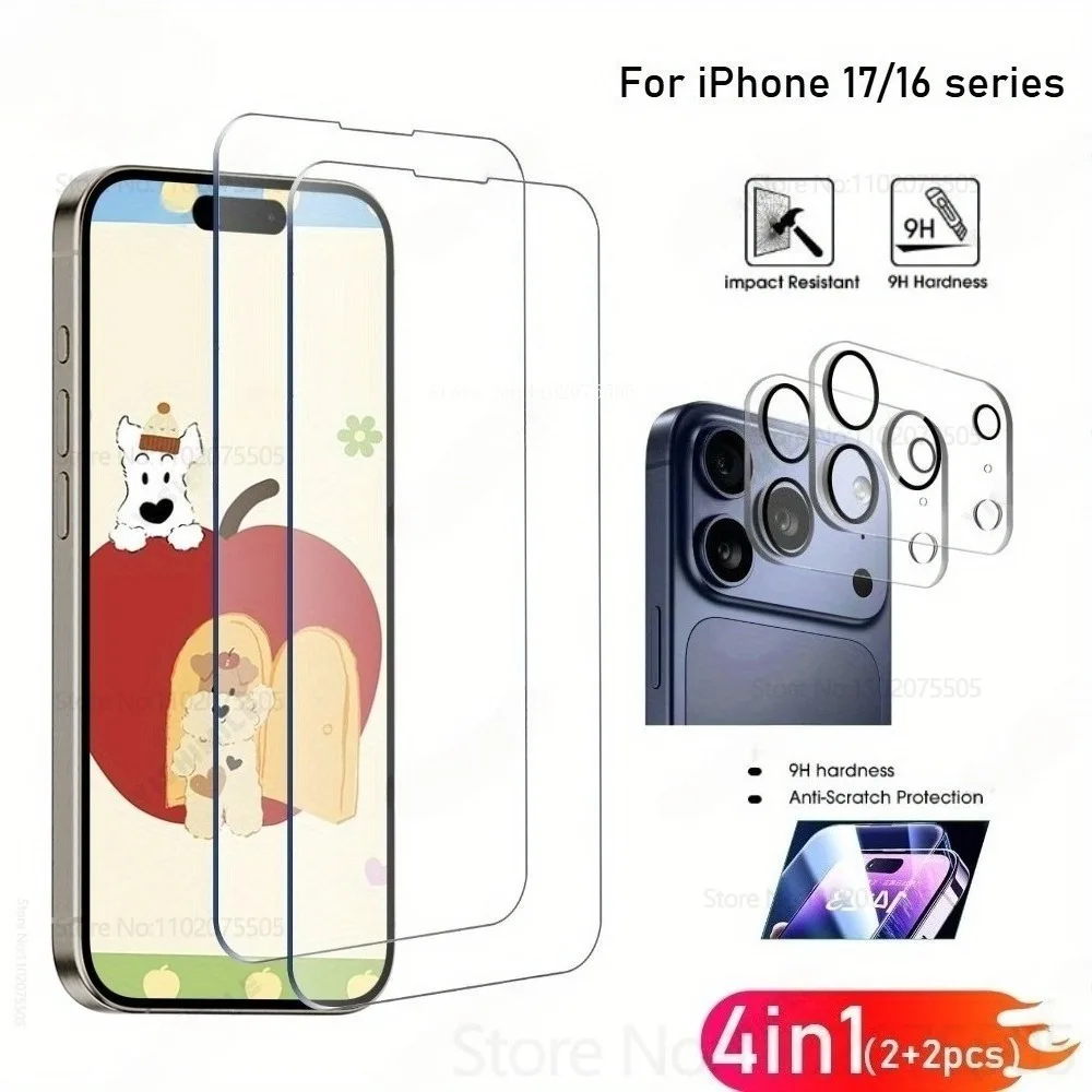 

4-в-1 2 шт. HD прозрачное закаленное стекло + 2 шт. Защитная пленка для объектива для IPhone 17 16 15 14 Promax 17 Air 16 Plus 17 Promax 12 Mini 13 Promax