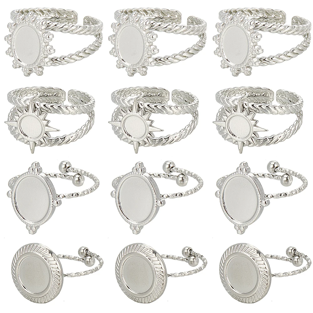 1 Box 16Pcs 4Style Stainless Steel Ring Bezels Blank Cabochon Rings Silver Metal Adjustable Open Finger Ring Base Tray Component