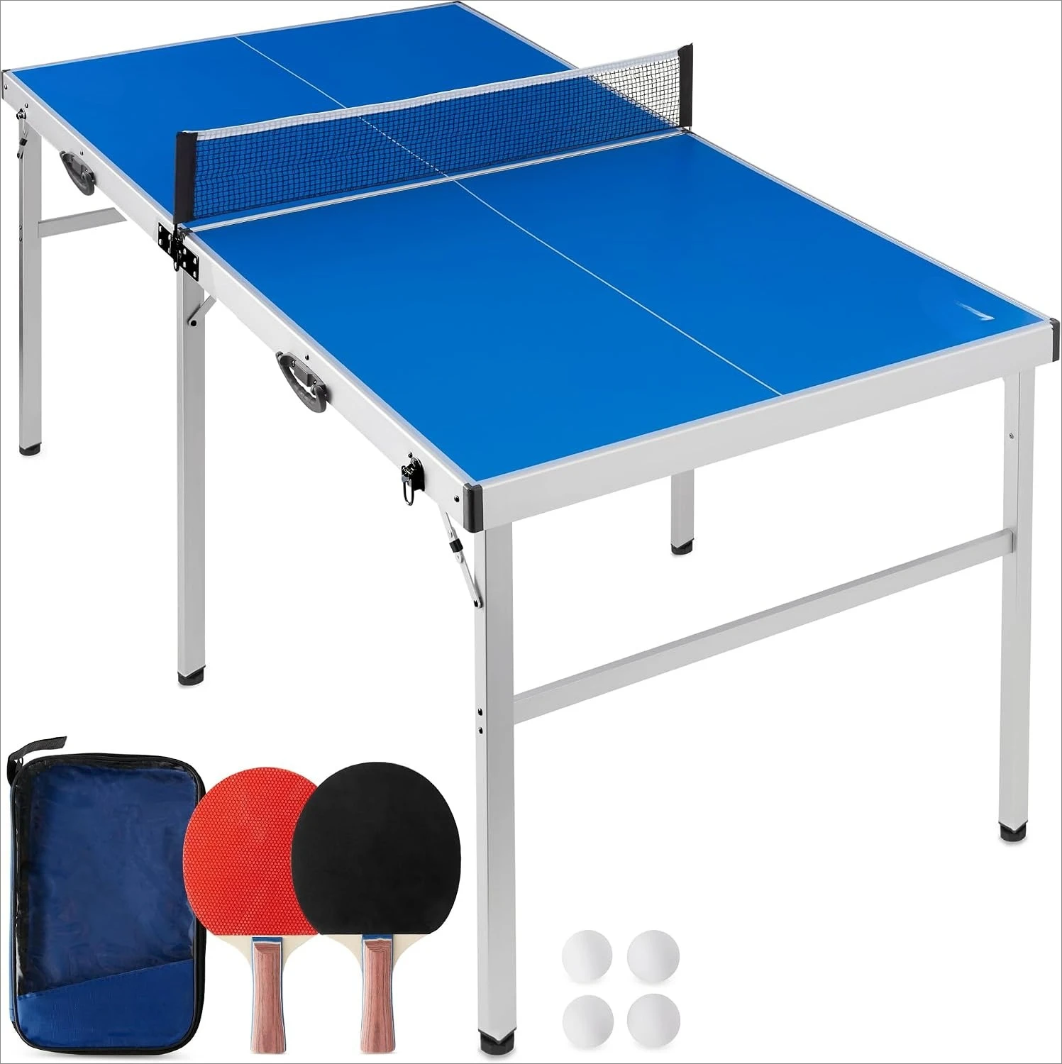 

Portable Mid Size Ping Pong Table, Folding Indoor Outdoor Table Tennis Game Set with Net, Two Wooden Paddles, Four Balls, Carrying Handles for Game Rooms Apartments Patios, Blue