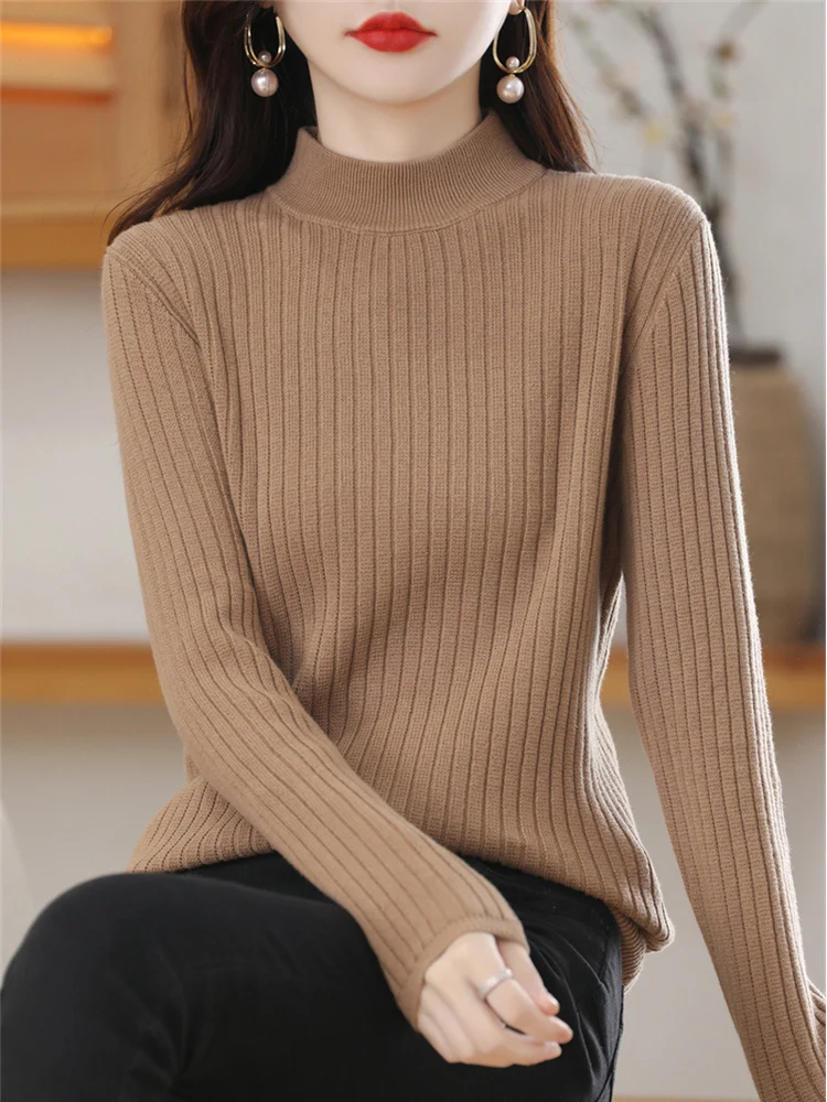 

Thiened ort Knitted Pure Cotton Long Sve Base irt Women's Overhead Sweater f High Collar Simple Versatile Health