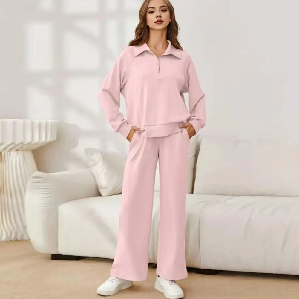 

Women Two-piece Set Stylish Women's Top Pants Set Lapel Solid Color Sweatshirt With Adjustable Waist Wide Leg Trousers Spring