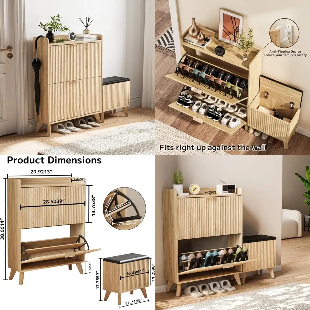 Fluted Shoe Cabinet Storage with Bench, Wood Narrow Hidden Shoe Cabinet with 2 Flip Drawers Solid Wood Legs & Adjustable Shelf f