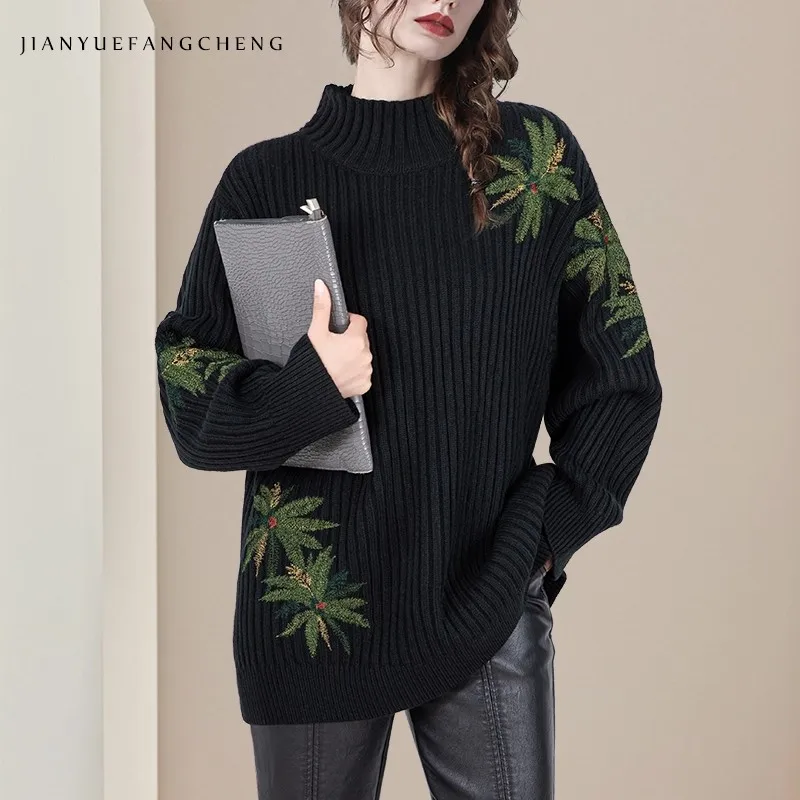 

Women' Oversized Black Knitted Sweaters Pullovers Loose-fitting Embroidered Batwing Sleeve Stand Collar Cold-resistant Sweaters