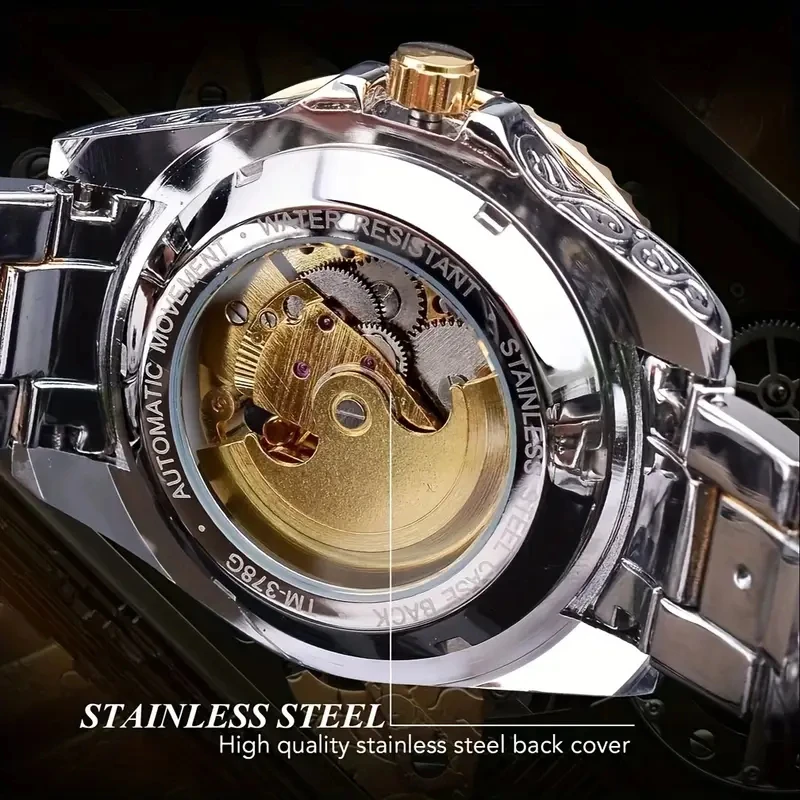 ساعة ميكانيكية أوتوماتيكية منقوشة على الموضة الفاخرة للرجال، تتميز بمشبك فراشة فاخر وساعة ميكانيكية هيكل عظمي، أفضل هدية له، لا حاجة إلى بطاريات