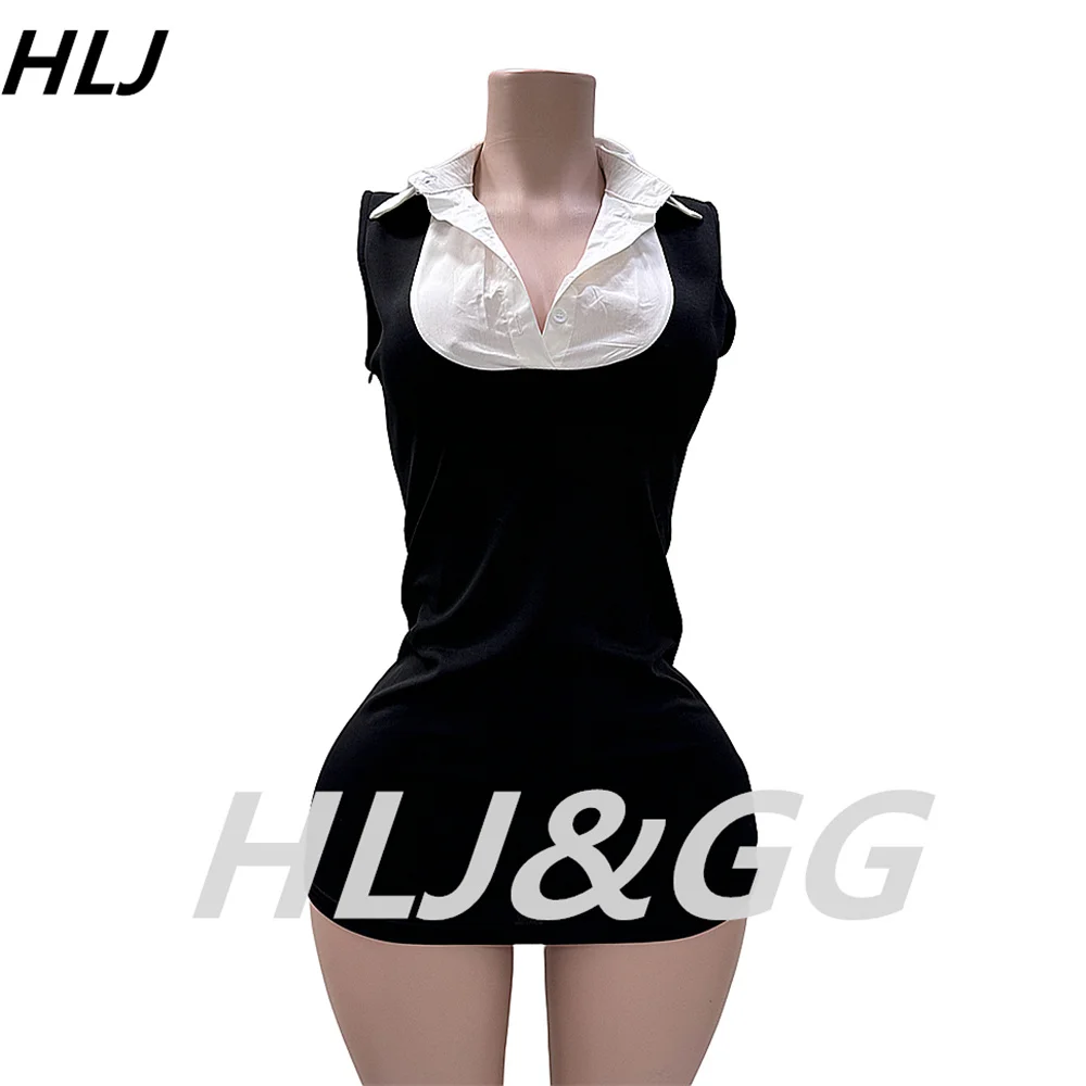 Hlj Sexy Patchwork Bodycon Mini Jurken Vrouwen Turndown Kraag Knoop Mouwloze Slanke Vestidos Vrouwelijke Effen Kleur Zoete Kleding