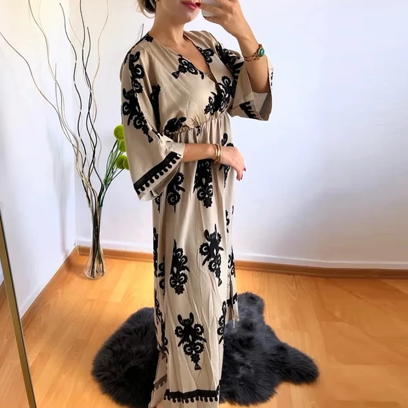 Vintage Dresses Woman Summer V Neck A-Line Long Dress Women Casual Printed Beach Holiday Dress Boho Party Dresses