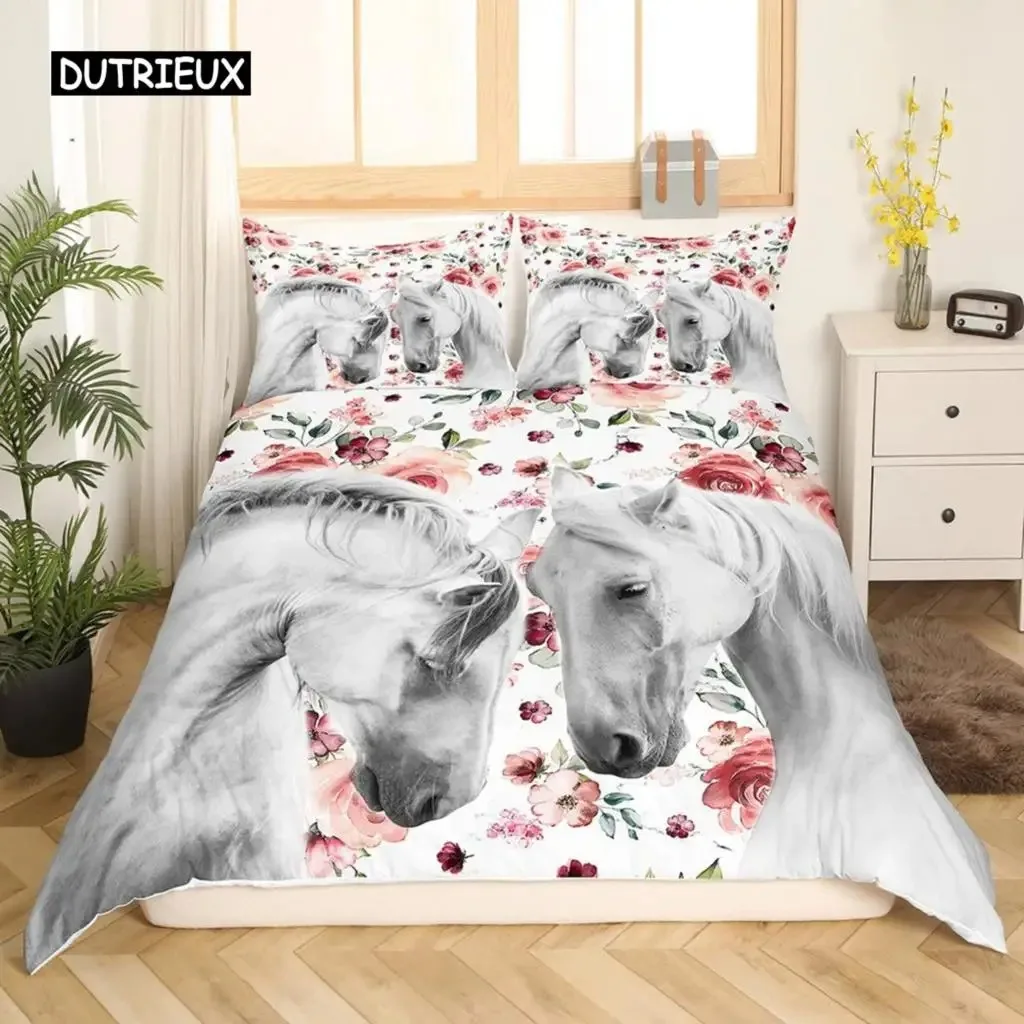 White Horse Duvet Cover Set Queen Size Microfiber 3D Steed Print Bedding Set Wildlife Comforter Cover Animal 23pcs Quilt Cover