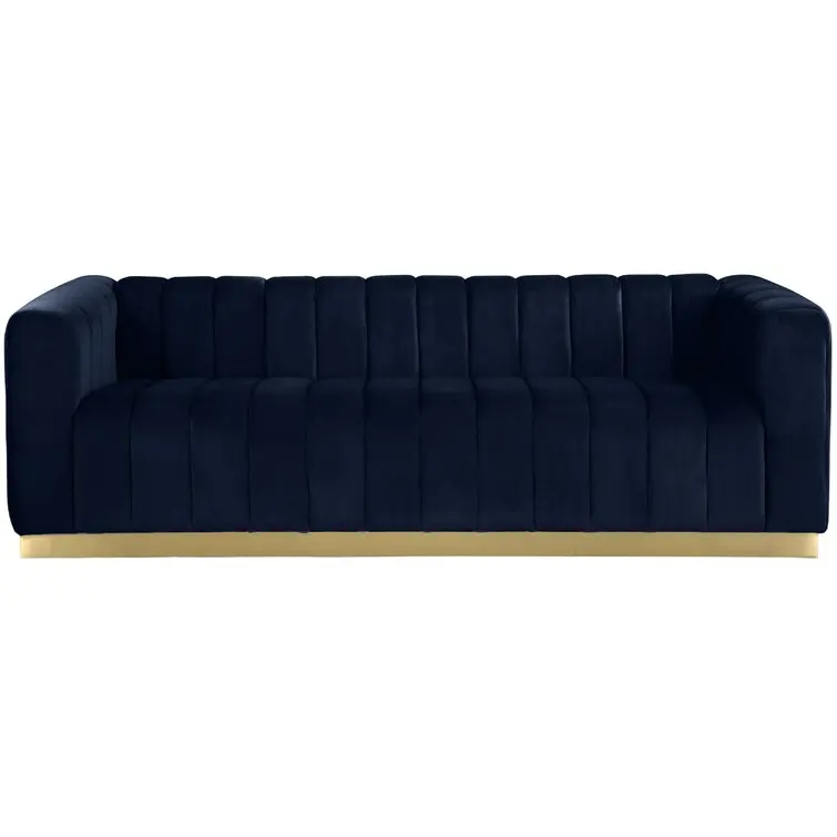 #￥New Design Navy Blue Luxury Sofa Furniture 3 2 1 Seater Solid Wood Frame Italian Shinny Velvet Fabric Sectional Sofa Set