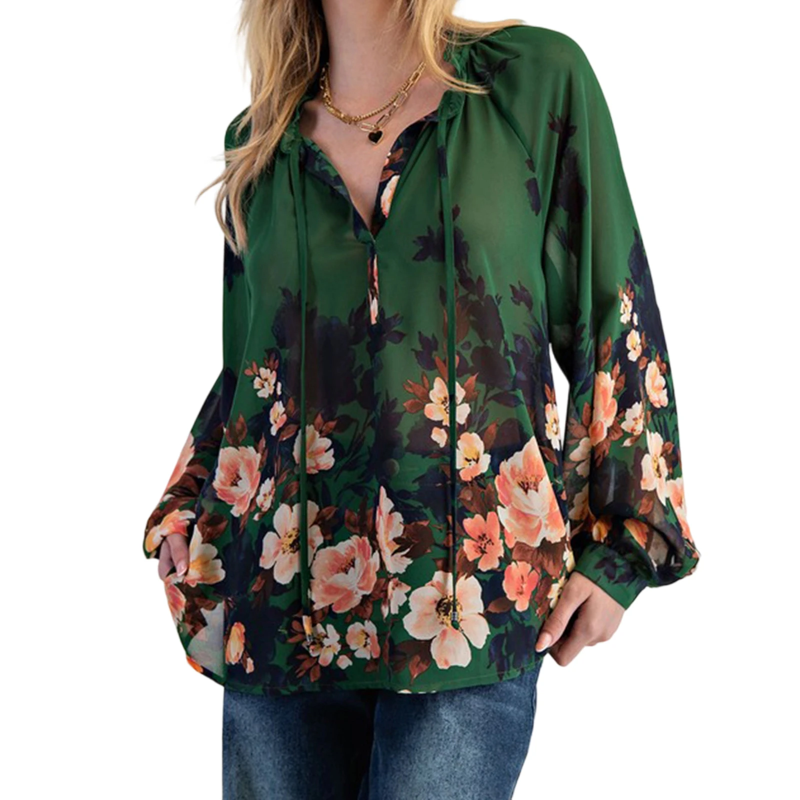 قمصان شيفون مطبوعة بالورود للسيدات بلوزات فضفاضة مكشكشة بياقة على شكل V وأكمام طويلة قطع علوية للسيدات لخريف 2025 ملابس خروج جديدة للسيدات