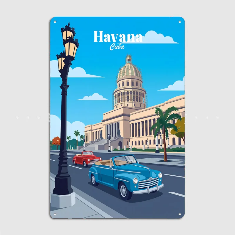 Havana and Capitol Building Travel Poster Metal Posters Living Sign Indoor Outdoor Room Decoration Home Bar Decor Wall Decor
