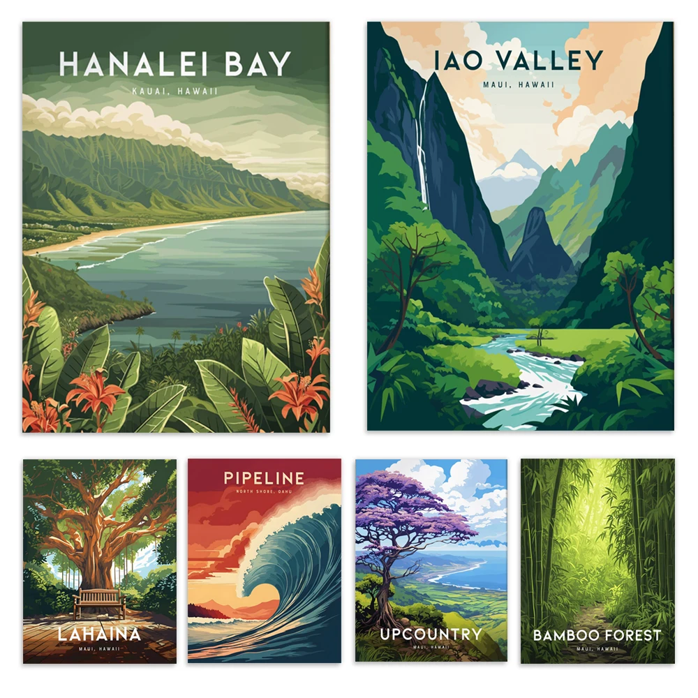 Iao Valley Needle, Manoa Falls, Hanalei Bay, Kauai, Oahu, Lahaina, Maui, Hawaii, Kula Vineyards, Manoa Falls travel poster