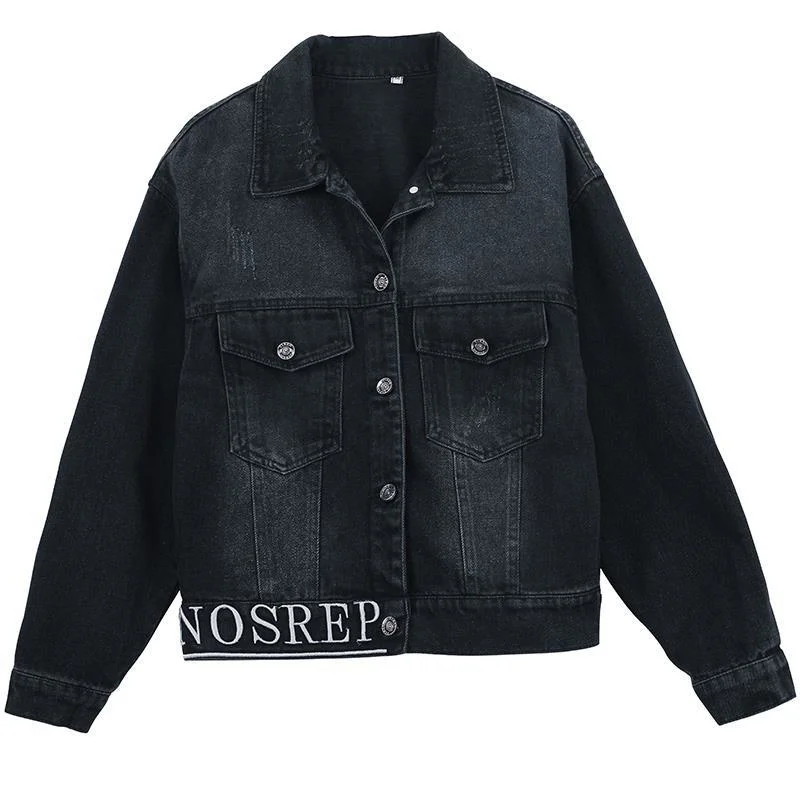 

Women's Wide Denim Jacket Spring, Autumn, Korean, Embroidery, Letters, Loose, Outdoor, Casual,Button Retro Fashion Thin Coat