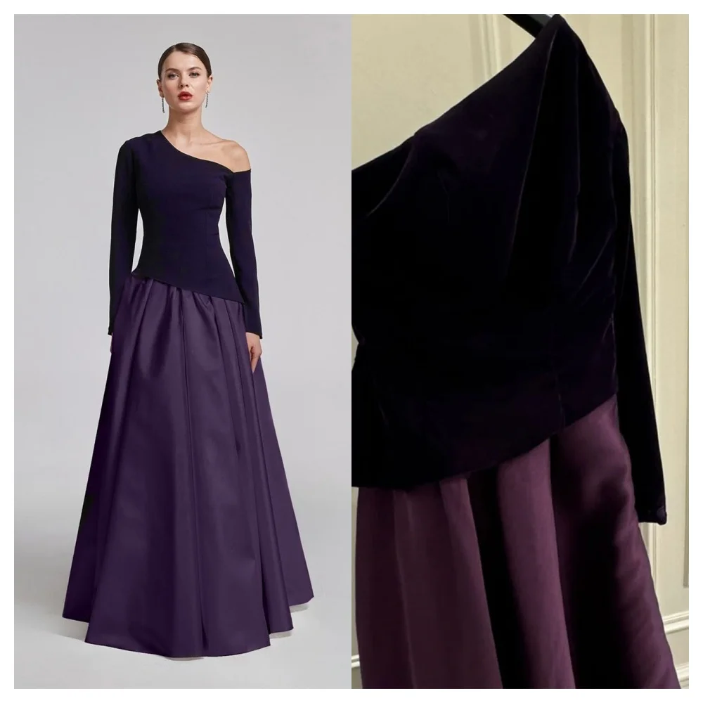 فستان سهرة أنيق من الساتان الأرجواني مخصص بسيط بكتف واحد وأكمام طويلة فستان الحفلات بطول الأرض Pr #3