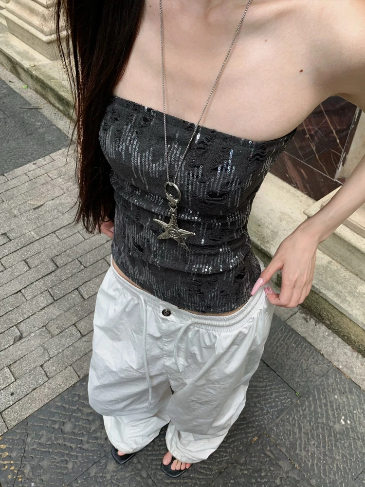 

E7Q8 2025 Новый Sle American Hot Girl с блестками, облегающий женский топ на бретелях, универсальный сексуальный Ele, летний, оригинальный дизайн, цвет