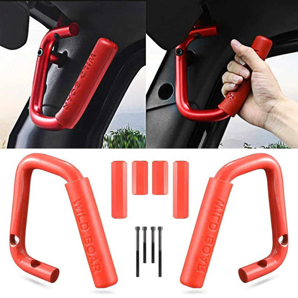 Fit Jeep Wrangler JK JKU 2007-2018 Red Wild Boar Grab Handles, Heavy-Duty Roll Bar Assist Handles