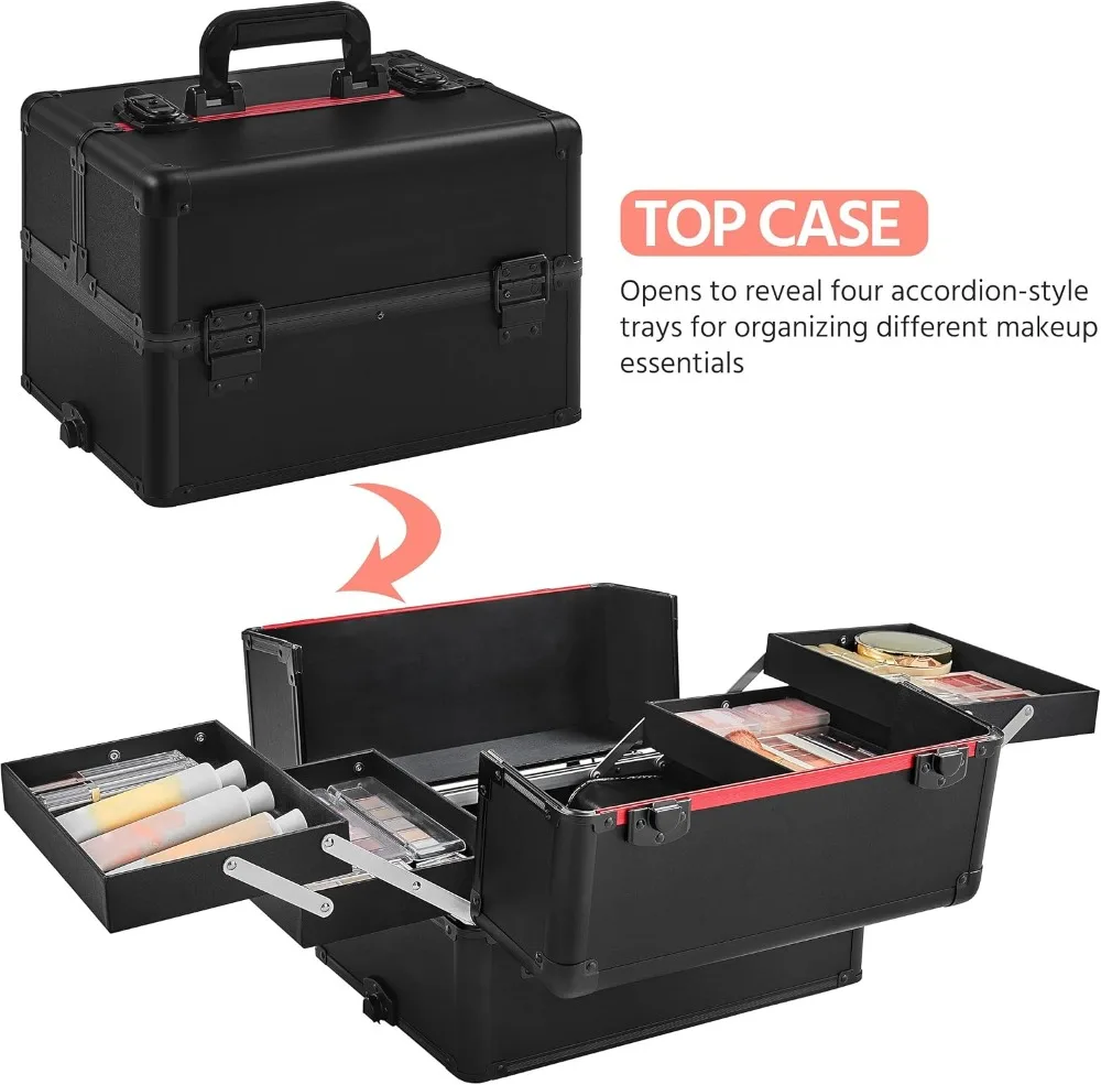4-in-1 Rolling Makeup Train Case, Lockable Black Cosmetology Cart with Detachable Tiers & Accordion Trays for Organized Beauty Supplies view 4