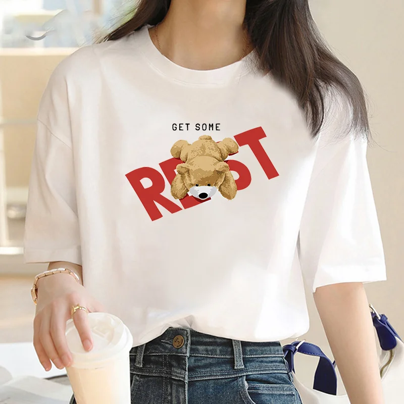 Aesthetic Short sleeve T-shirt Y2k clothing Gothic emo Girl Cut top Bear Print Retro Women Casual T-shirt street wear