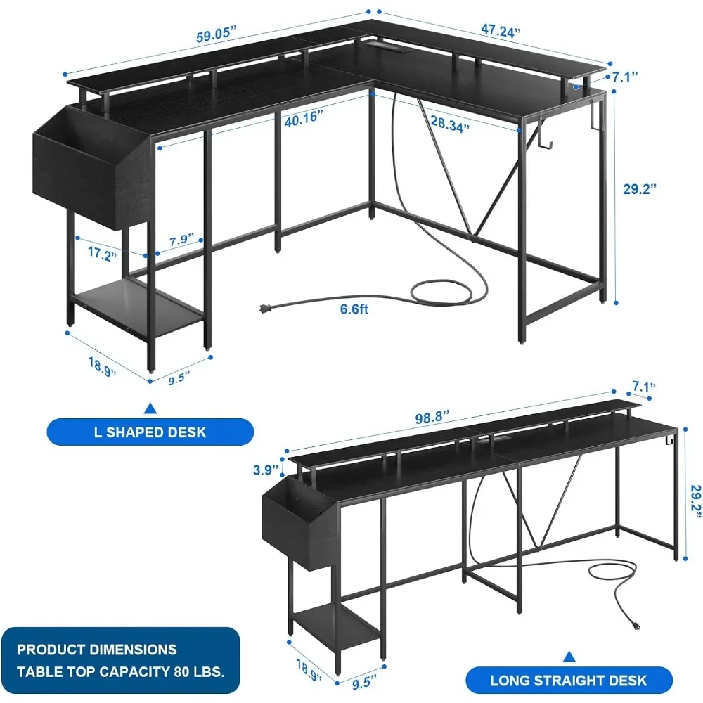 Eivanet L Shaped Gaming Desk Power Outlets & LED Lights, Computer Desk  Monitor Stand & Storage Shelf,  Hooks, Easy to Assemble