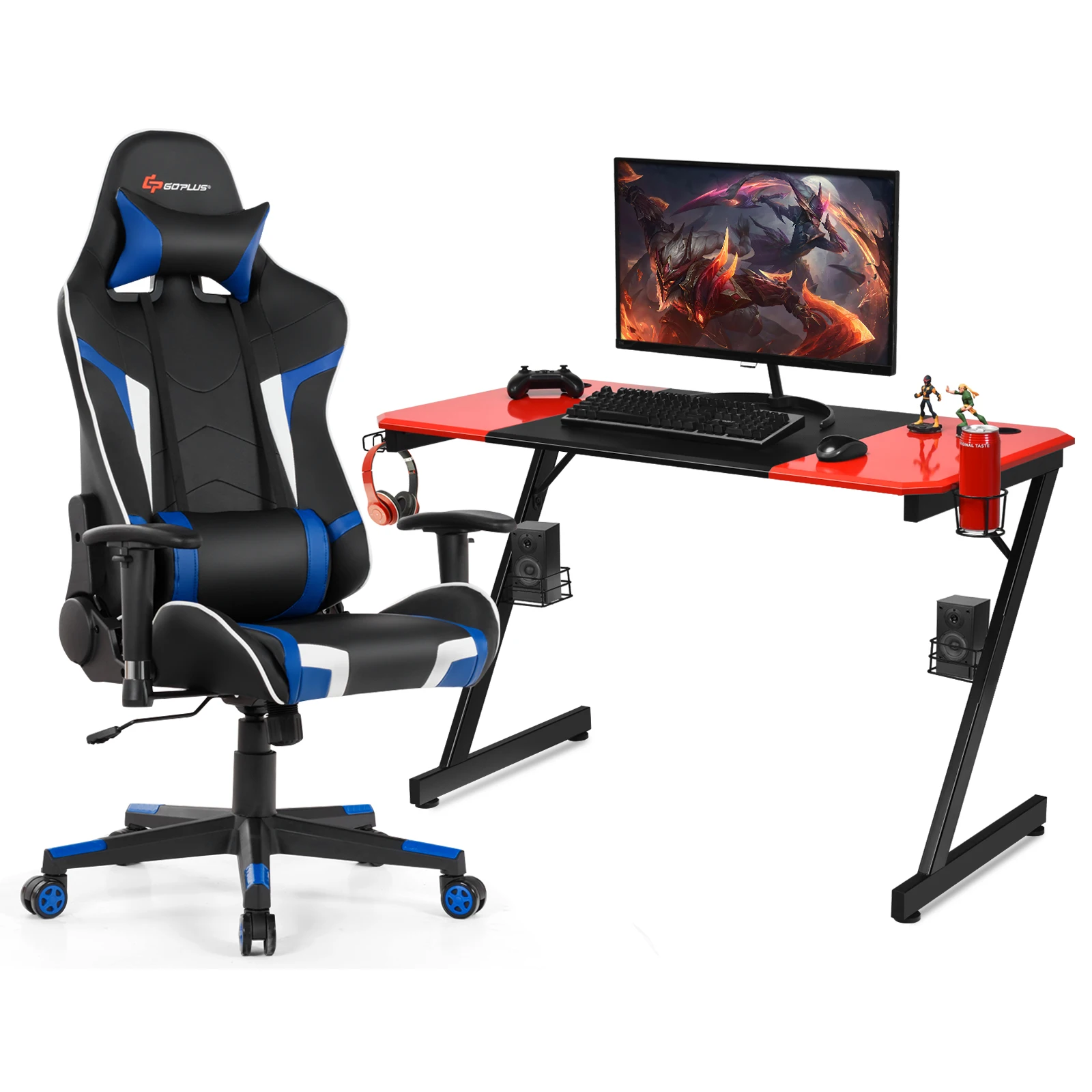 Costway Gaming Desk & Chair Set Z-Shaped Racing Style Desk w/Massage Swivel Gaming Chair