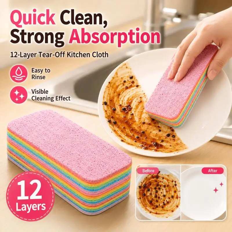 12-Layer Tear-Off Kitchen Cloth, Dish Cleaning Wipes, Grease Removal Towels, Easy Rinse Reusable Kitchen Cleaning Cloth