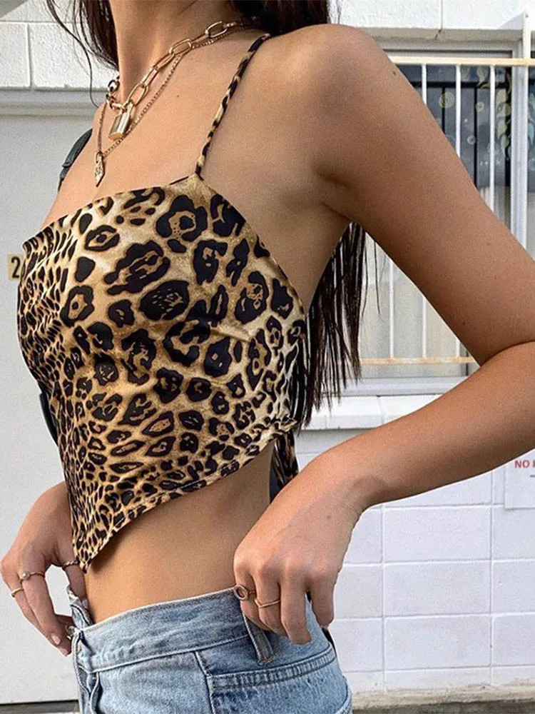 Leopard Pattern Women Tank Tops Backless Sexy Rave Outfits Sleeveless Cross Lace Up Bralette Crop Top Summer Streetwear - Image 2