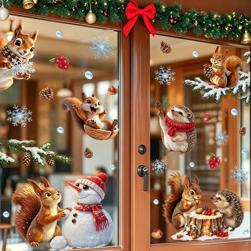 3pcs Christmas quirrel, hedgehog Themed Window Sticker,suitable for cabinet, glass door, window,wall decor,freely DIY combinable