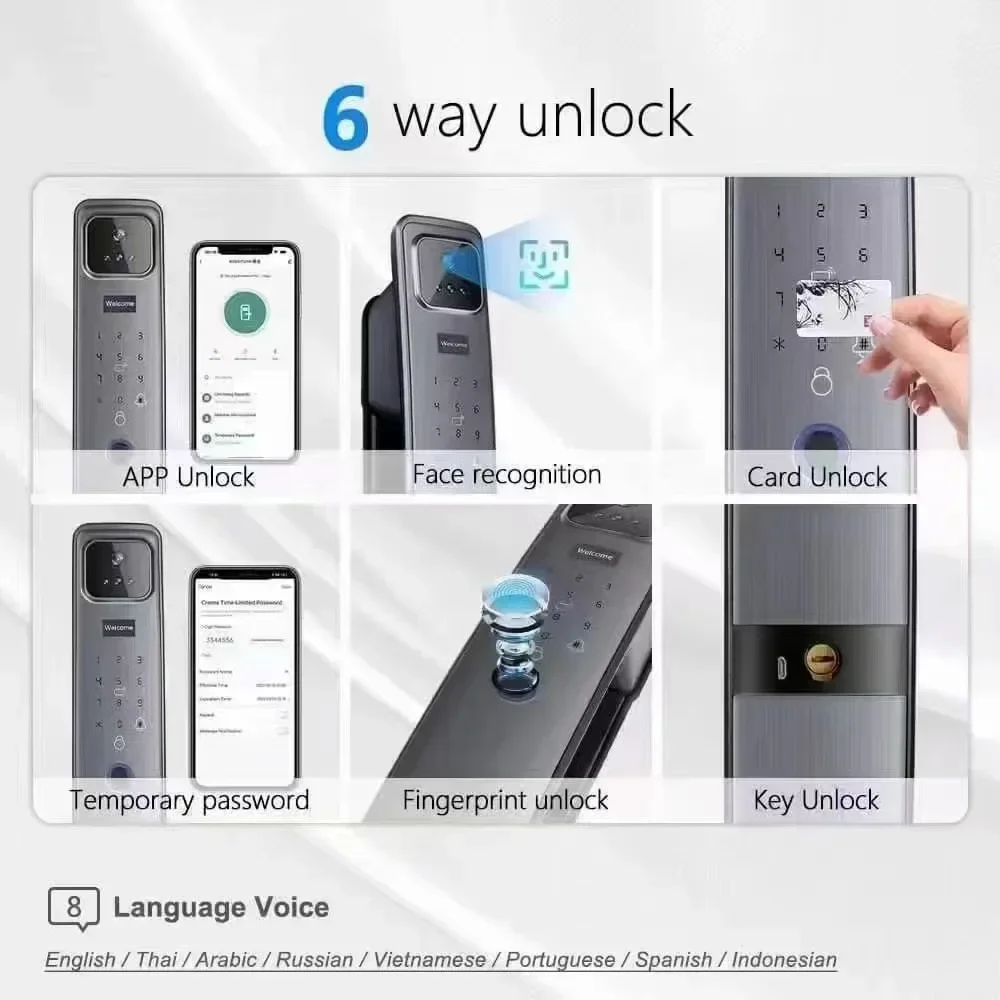 WiFi Tuya APP English/Russian/Spanish/Portuguese Voice Digital 3D Face Recognition Fingerprint Smart Door Lock With Camera