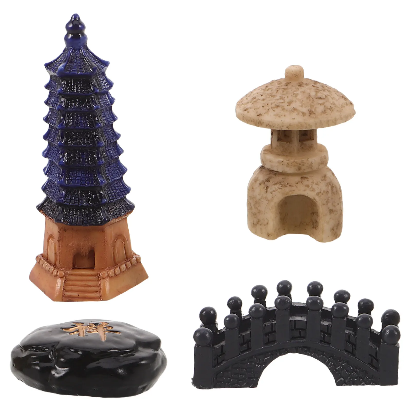 4Pcs Japanese Zen Garden Accessories Miniature Micro Landscape Terrarium Decoration Tabletop Meditation Rock Pagoda Bridge