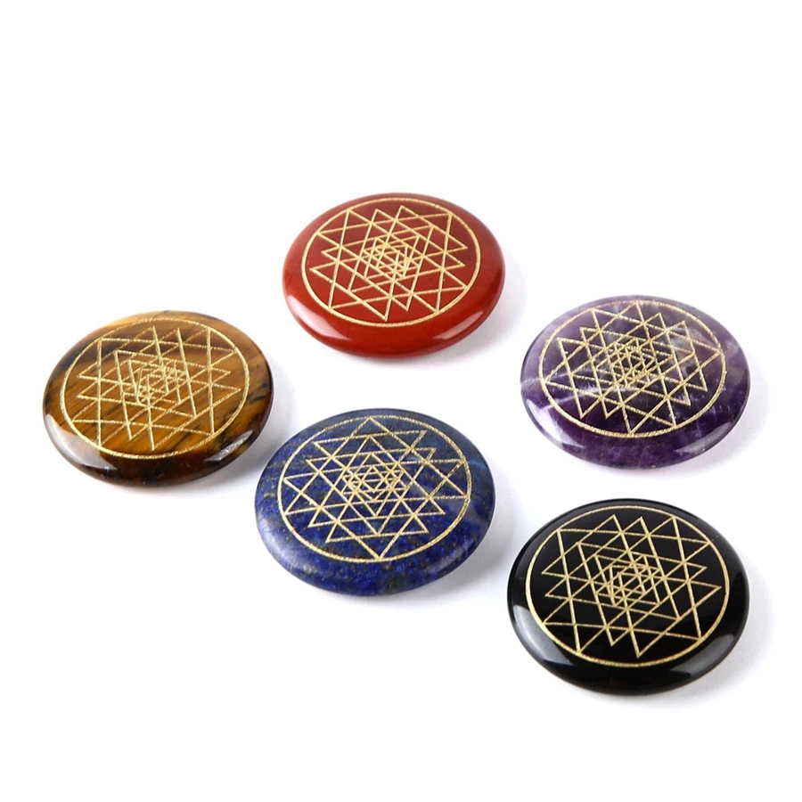 Natural Crystal 7-color Chakras Ornament Engrave Geometric Triangle Pattern Sri Yantra Yoga Reiki Meditation Prop Home Decorate