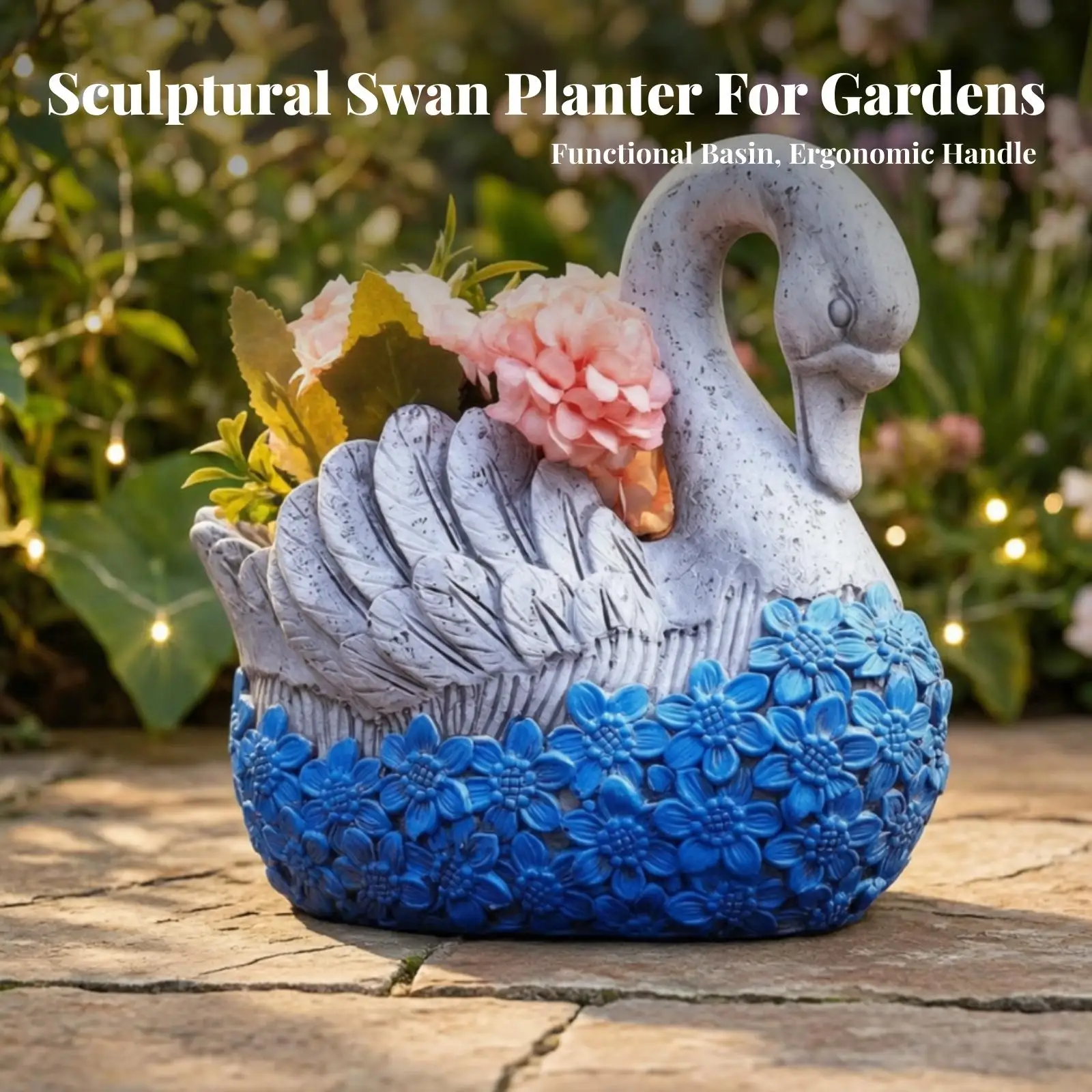 Artistic Swan Planter bicolor Painted Finish, Textured Floral Pattern, swanblossom Pot, for Tabletop