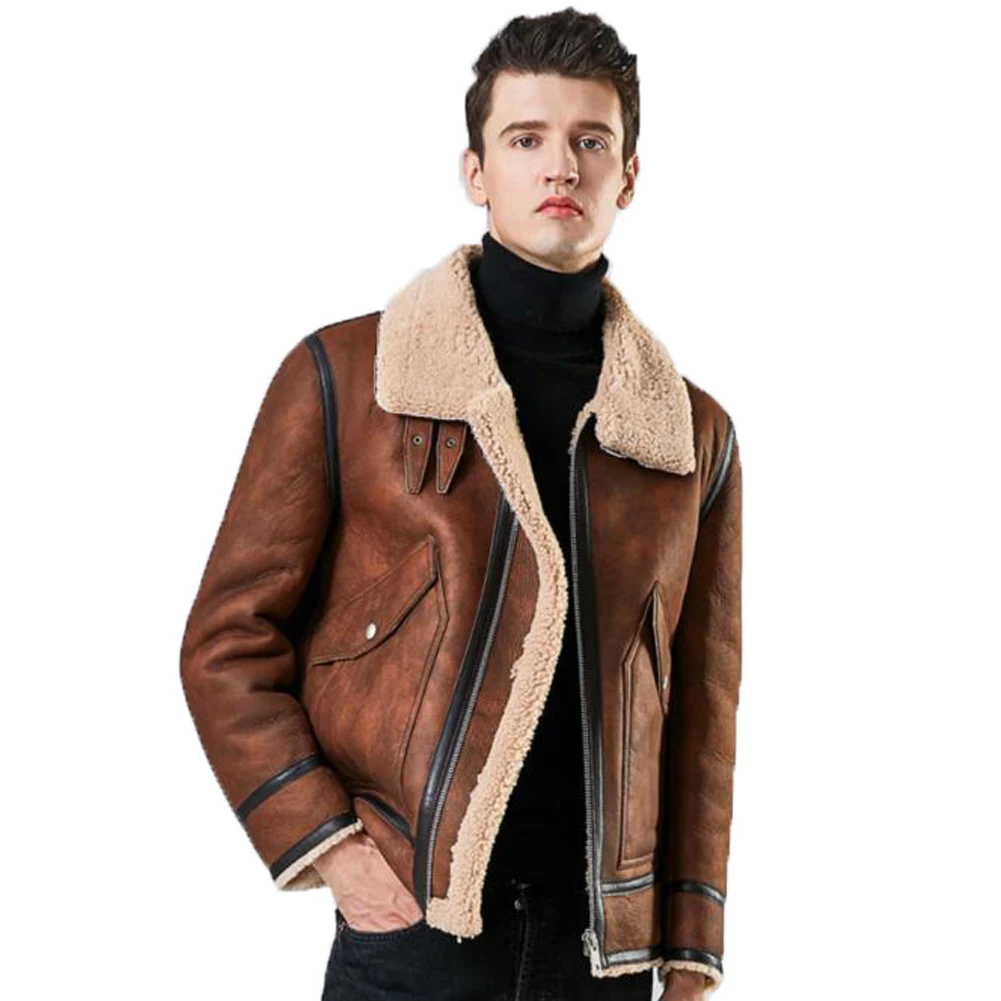 

Denny&Dora Mens Brown Shearling Jacket Genuine Shearling Bomber Jacket Shearling Moto Jacket