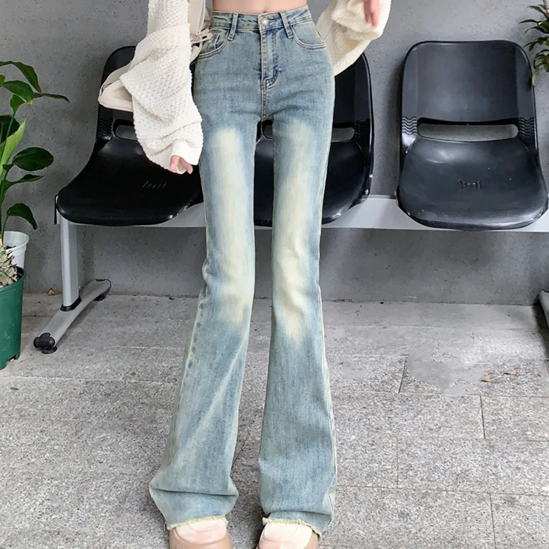 Spring Summer Spicy Girl Style New Blue Stretch Jeans Women Fringed High Waist Skinny Retro Loose Bell Bottom Jeans Size S-2XL