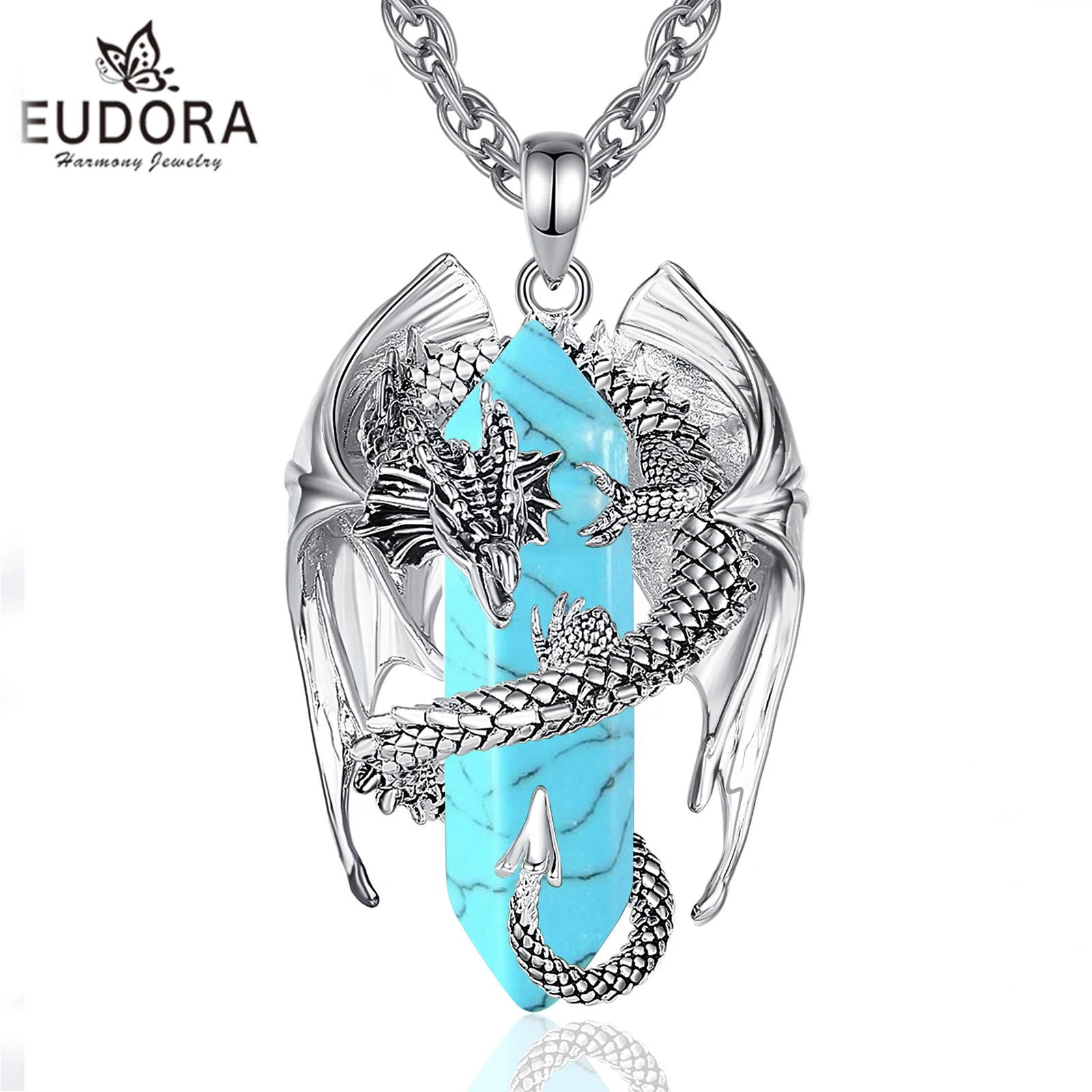 Eudora Dragon Twining Hexagonal Turquoise Prismatic Necklace Punk Healing Stone Crystal Pendant Turquoise Jewelry Gift for Man