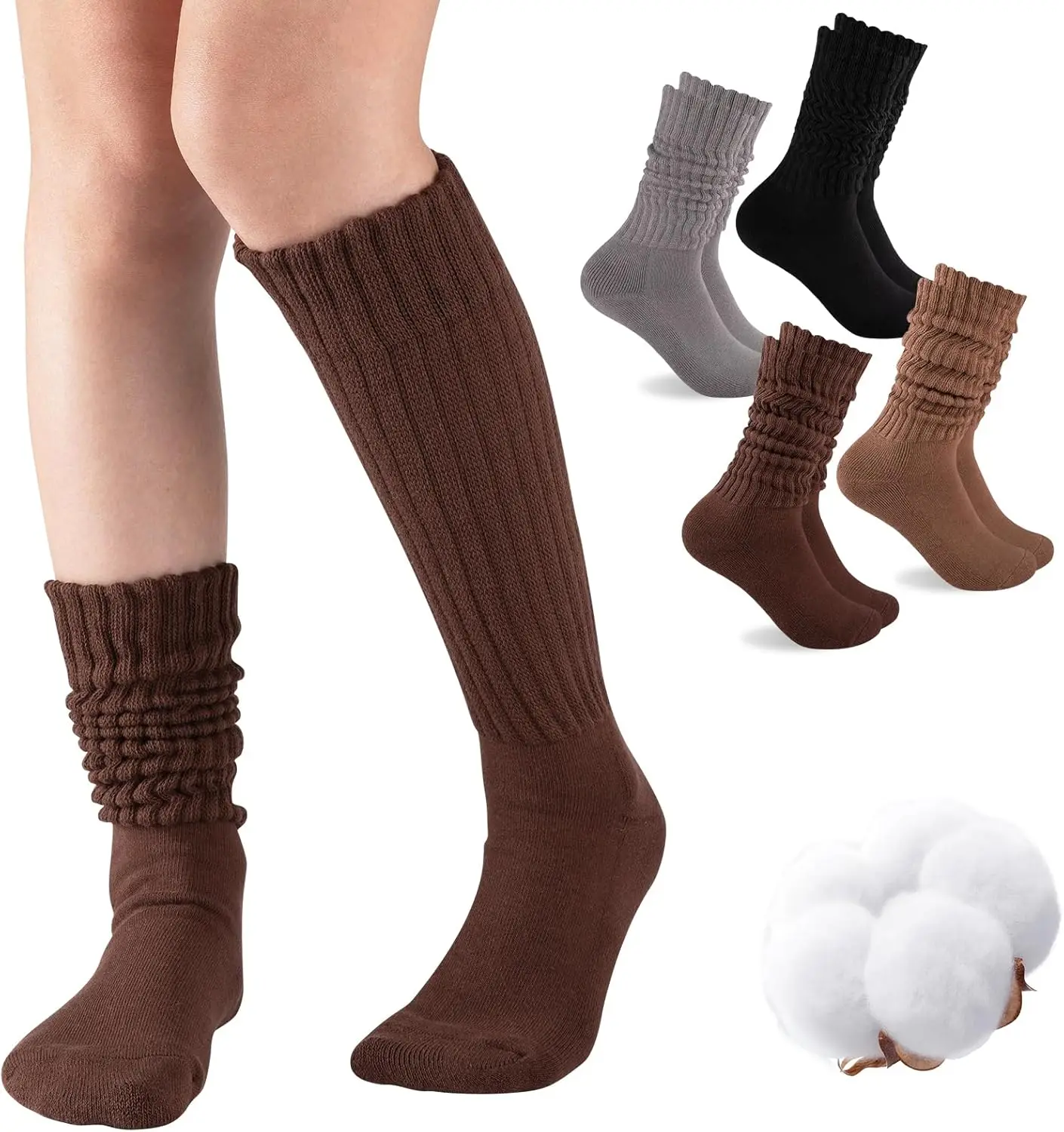 

Women's Knee High Scrunch Socks, 4 Pairs, Soft Cotton Knit with Cushion for Extra Comfort
