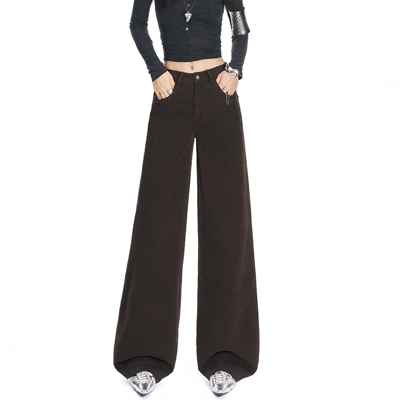 KSTUN 2026 Autumn Women Loose Straight Coffee Jeans High Waisted Wide Leg Jeans Stretchy Female Denim Trousrs Fashion Pockets