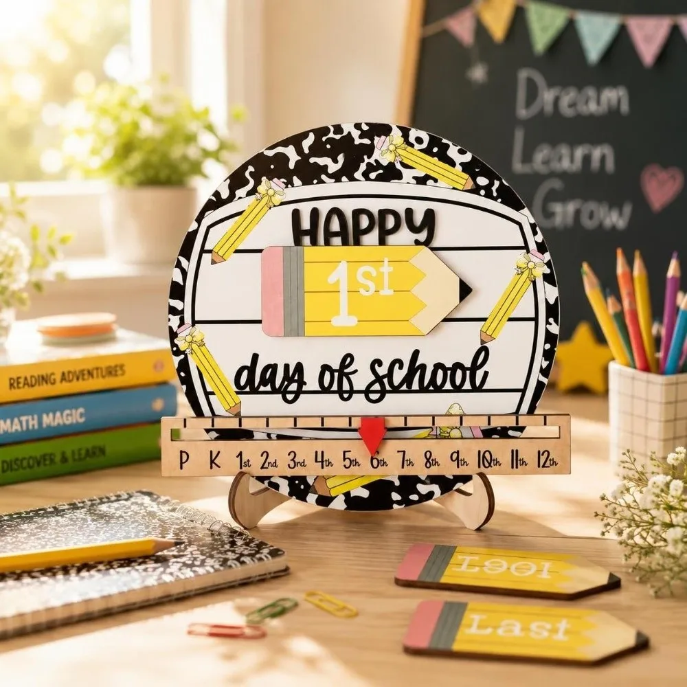 Décoration en bois sur le thème de la créativité et de la rentrée scolaire, idéale comme cadeau scolaire, accessoire pour photos, ou décoration de bureau à réaliser soi-même, pour les enfants d'âge préscolaire.