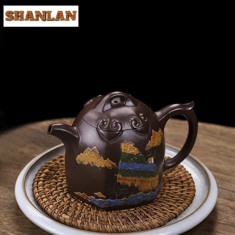 

420ml Retro Yixing Purple Clay Teapots Handmade Landscape Qin Quan Pot Raw Ore Aubergine Mud Kettle Zisha Tea Set Cha Decoration