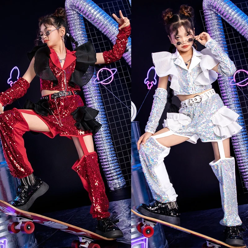 

Модная сценическая одежда в стиле K-POP, одежда для джазовых танцев и представлений для девочек, топ с красными блестками, штаны, Детский костюм для танцев в стиле хип-хоп XS7288