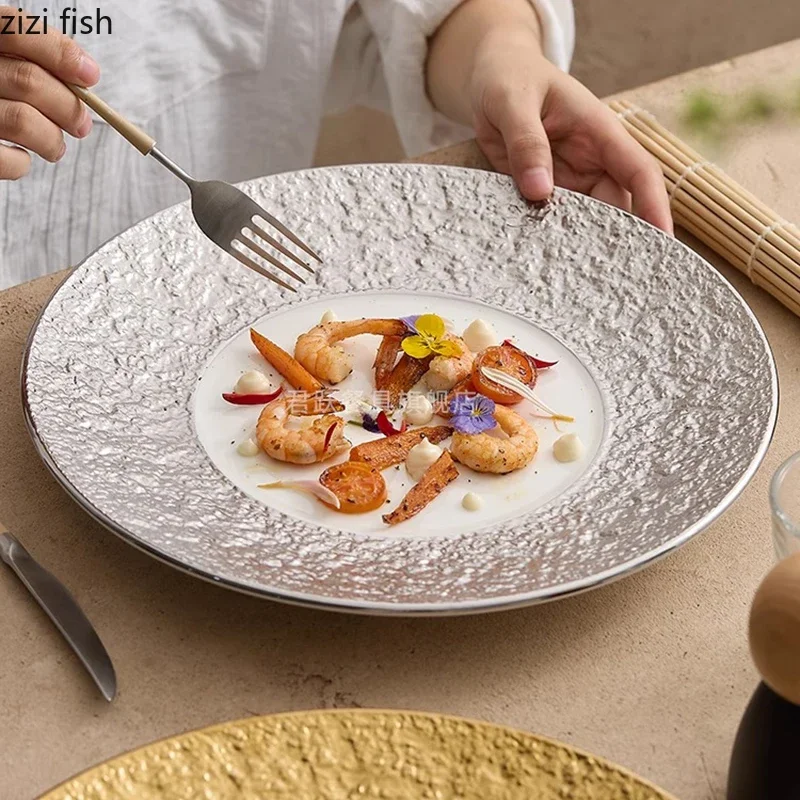 

Relief Stone Patterned Ceramic Plate Salad Plate Dessert Dish Pasta Dish Serving Plate Electroplate Molecular Cuisine Tableware