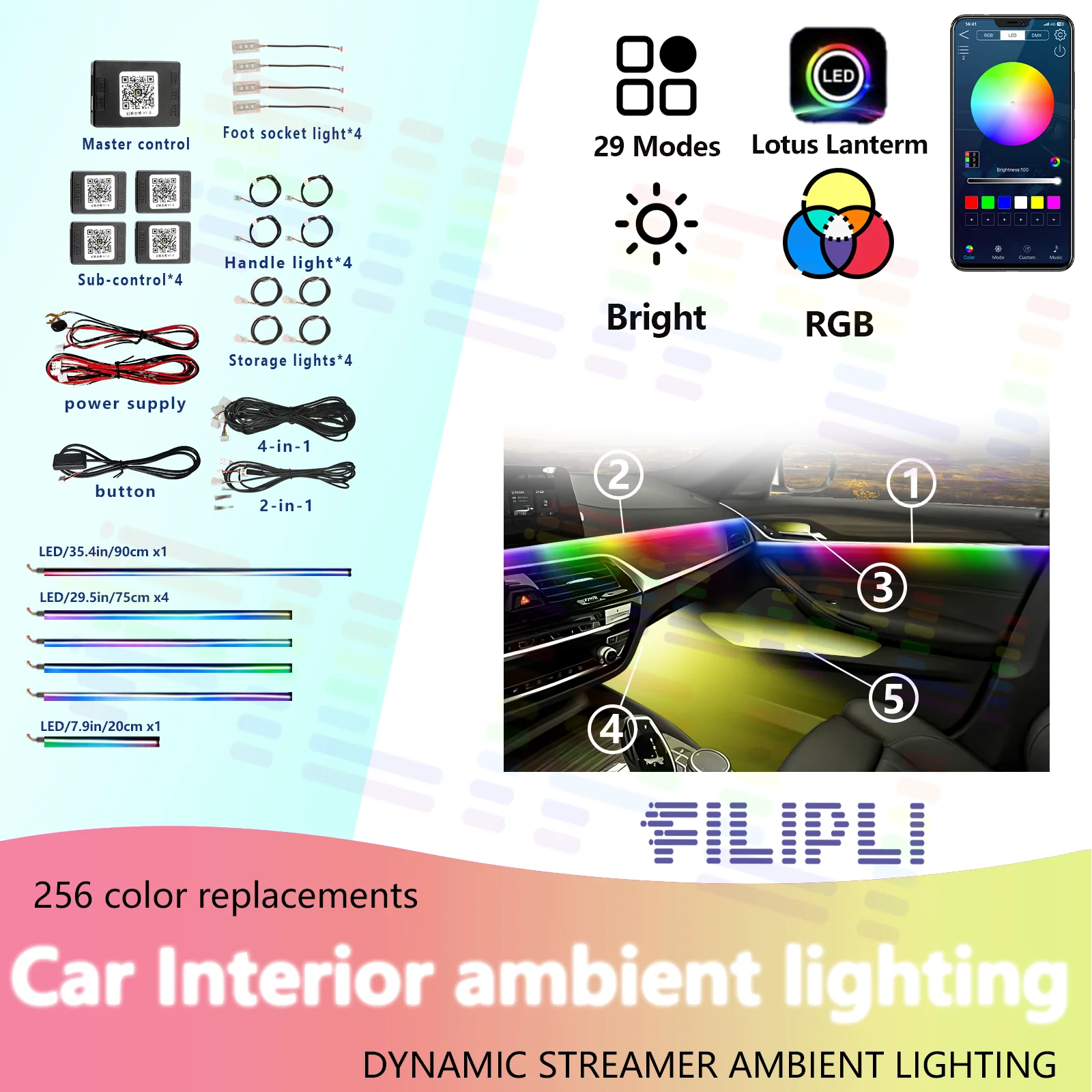 

FILIPLI Звуковая активация 64 RGB Цветная подсветка Синхронизация музыки Динамическая атмосфера Подсветка Полоски управления через приложение
