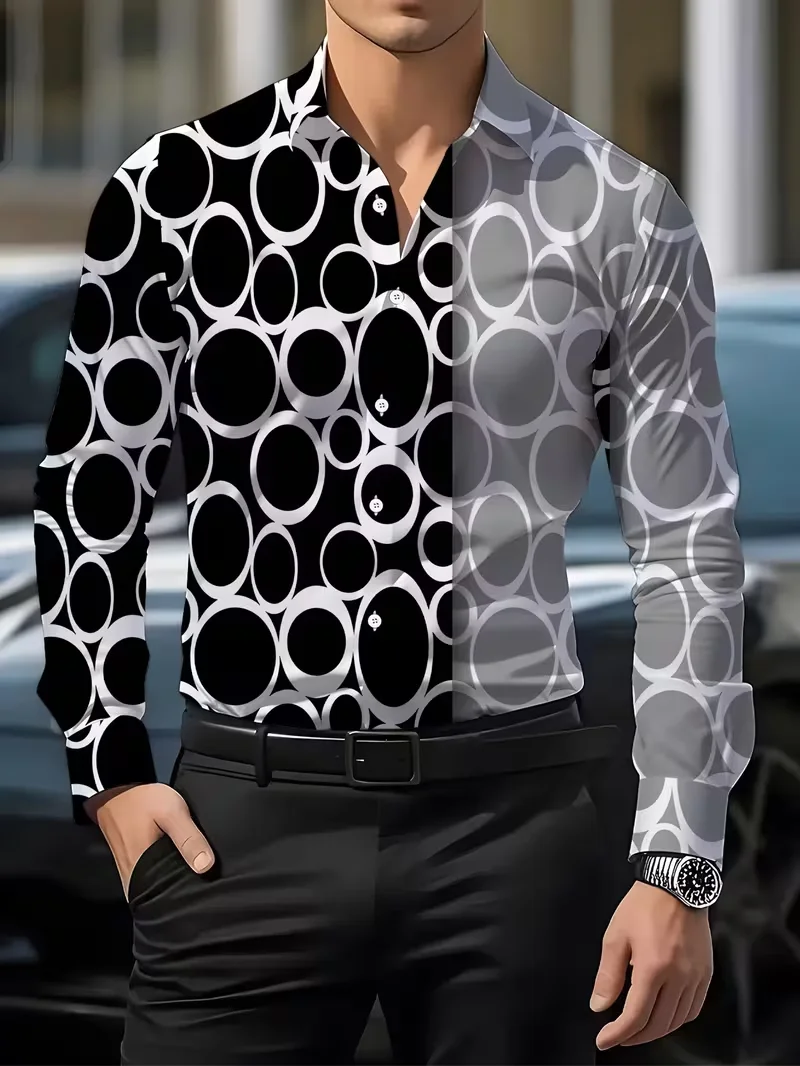 New men's long sleeved shirt with 3D printed line pattern design and men's lapel button high-definition casual top