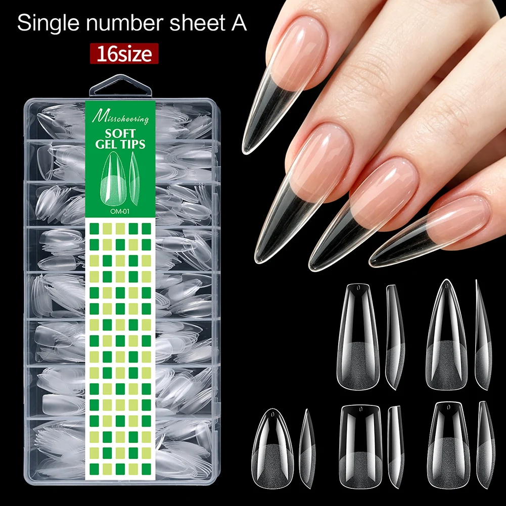 480pcs Medium Almond Soft Gel Nail Tips Clear Pre Etched Matte No File Full Cover Fake Nail Extensions DIY Salon Manicure