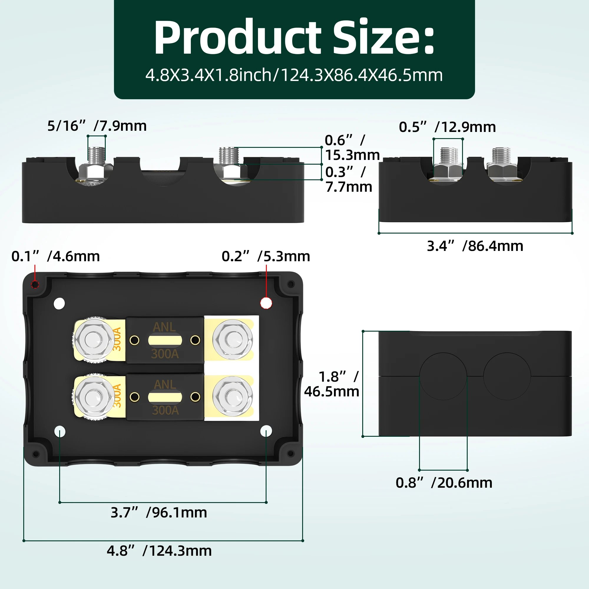 ANL Fuse Holder with 2PCS 300A ANL Fuse Waterproof 4 X 5/16'(M8) Studs Heavy Duty Dual Fuse Holder with 400A and 500A ANL Fuse