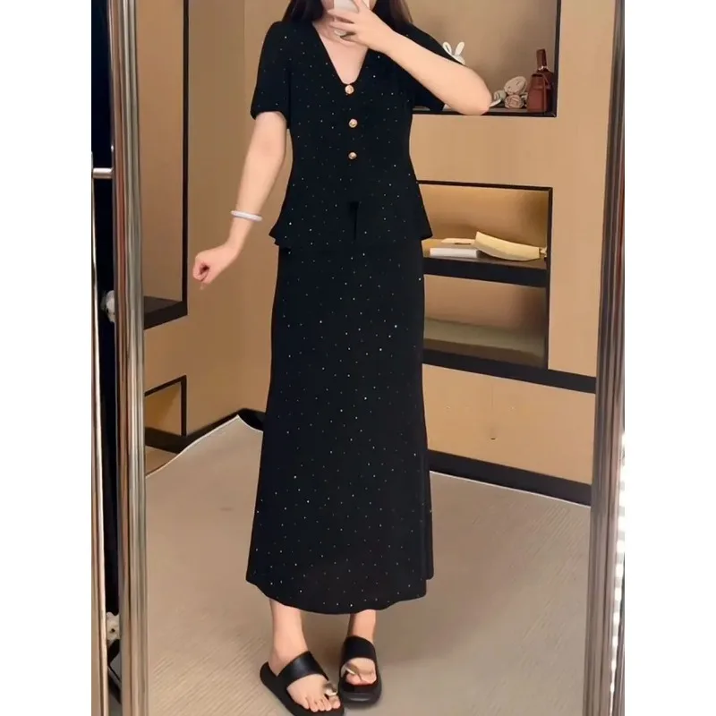 

Women's Black Sparkly Short Sleeve Top and Midi Skirt 2 Piece Plus Size Summer Outfit