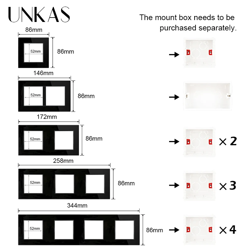 UNKAS EU Standard Tempered Black Crystal Glass Panel USB Wall Light Touch Switch DIY Free Combination Sensor Button Outlet