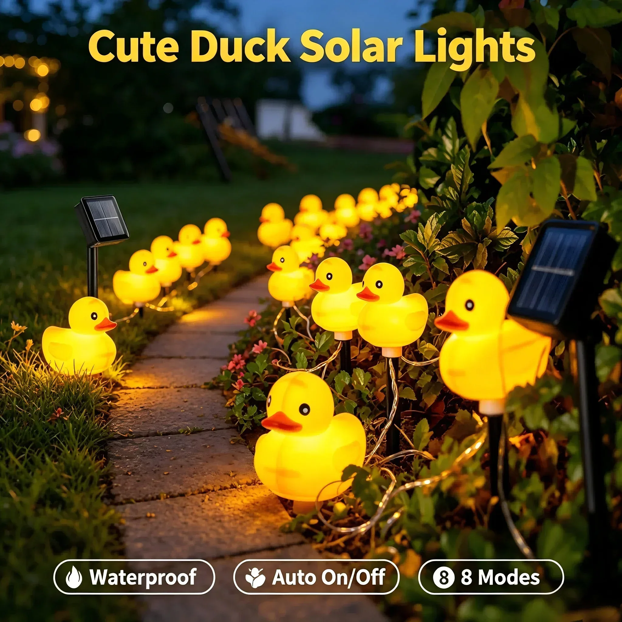Duck Solar String Lights  8 Modes Waterproof Warm Yellow Duck Fairy Lights with Solar Panel for Outdoor Garden Patio Yard Decor