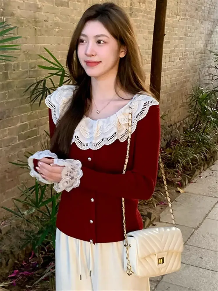 

Новый вид, тонкая и свободная верхняя одежда с длинными рукавами, корейская милая рубашка с кружевным краем и низом для женщин